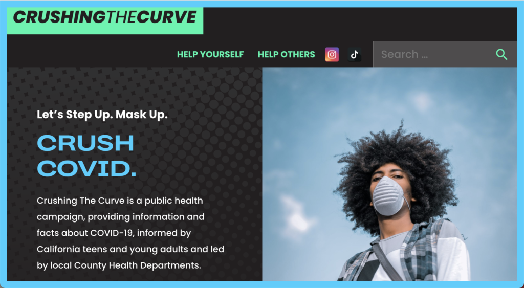 Crushing the Curve webpage with a young person with a fro and mask, wearing a white t-shirt and checkered vest.