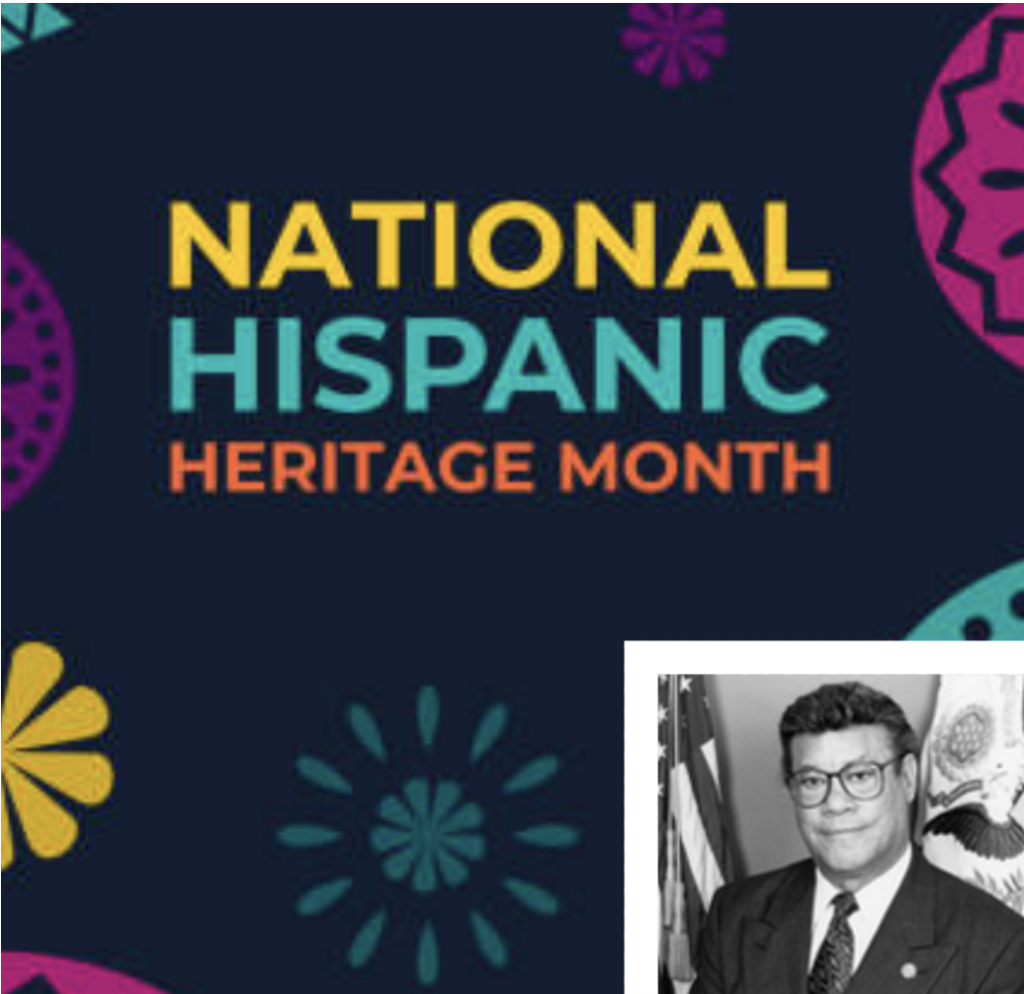 Graphic with the text, "National Hispanic Heritage Month," with a black and white picture in the lower right corner of Torres (in a business suit and glasses) standing in front of the the US and California flags.
